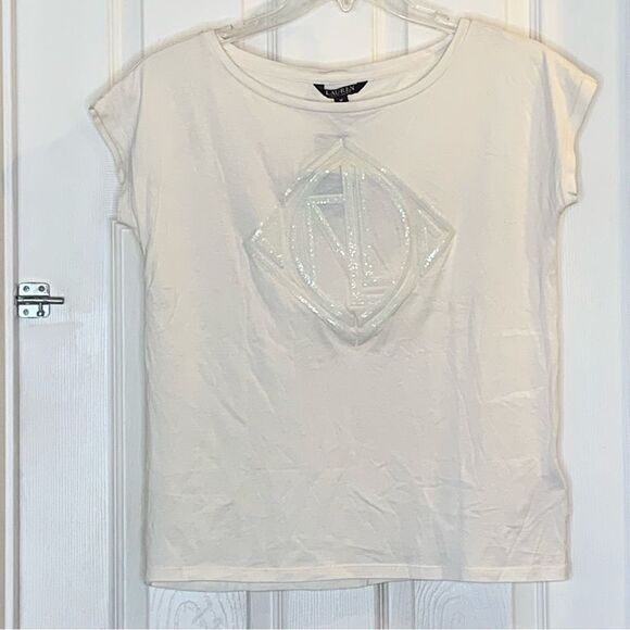 Lauren Ralph Lauren Ladies Winter Cream Sequined Logo Tee Shirt Size Medium - Picture 2 of 13